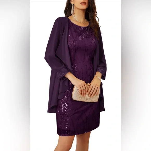 Grace Karin Dresses | Nwt! Grace Karin Large Women's Sequin Dress and Chiffon Shrug, Plum | Color: Purple | Size: L | Jaimeunl's Closet
